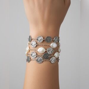 NWT Tat2 Designs Wrap Bracelet Coin & Baroque Pearl Multi-Strand Vintage Silver